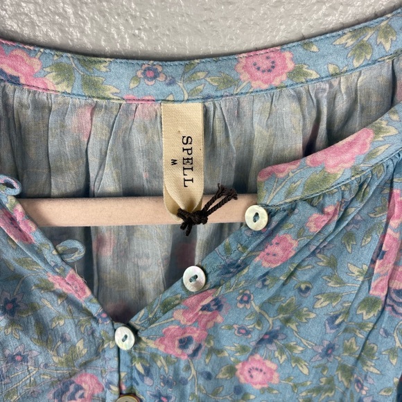 Spell Free People Dolly Long Sleeve Button Up Blouse Blue Floral Womens M Flowy - Picture 8 of 11